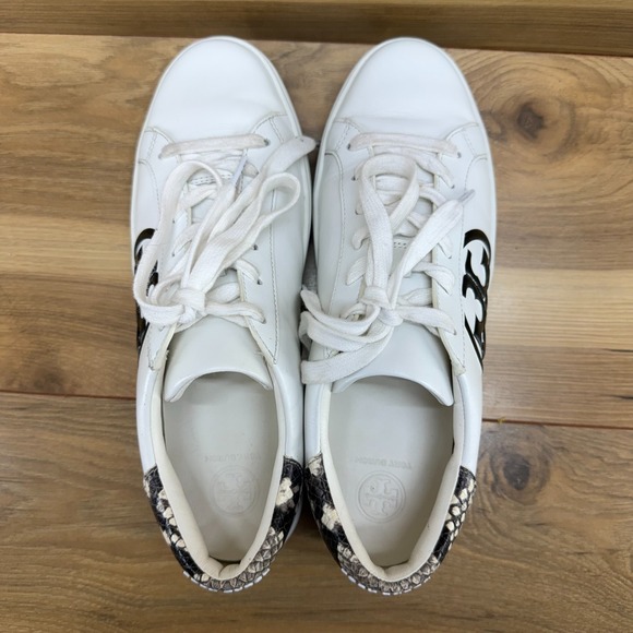 TORY BURCH Leigh Sneakers Womens 8 M Snake Embossed Low White Leather Low - Picture 8 of 11